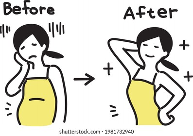 Before-after illustrations of diet woman