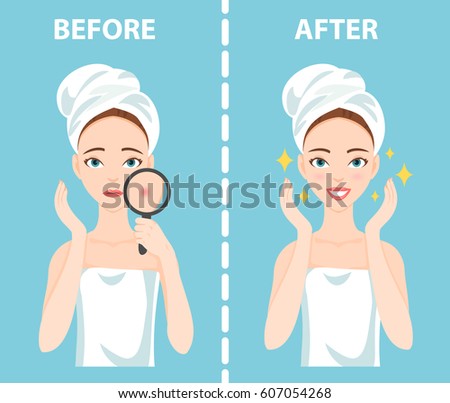 Before-After set of upset troubled and happy woman with female facial skin problems needs to care about: acne, pimples.