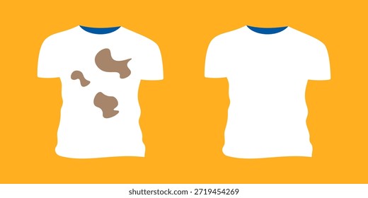 Antes e depois da comparação de duas camisetas brancas sobre fundo laranja - uma manchada, uma limpa - ilustrando a eficácia da roupa.