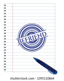Befriend emblem with pen effect. Blue ink. Vector Illustration. Detailed.