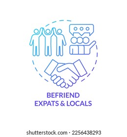 Befriend expats and locals blue gradient concept icon. Relationships in immigration. Contact with foreigners abstract idea thin line illustration. Isolated outline drawing. Myriad Pro-Bold font used