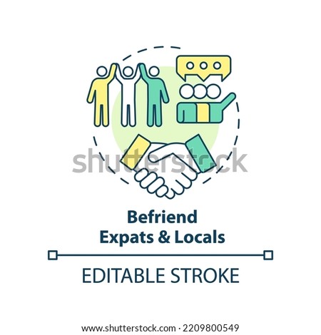 Befriend expats and locals concept icon. Become familiar with foreigners abstract idea thin line illustration. Isolated outline drawing. Editable stroke. Arial, Myriad Pro-Bold fonts used