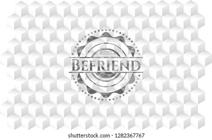 Befriend grey emblem with geometric cube white background