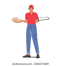 Befuddled Courier Character Holds A Parcel In One Hand And A Clipboard In The Other, Wearing A Perplexed Expression While Searching For The Correct Destination. Cartoon People Vector Illustration