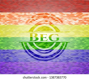 Beg on mosaic background with the colors of the LGBT flag