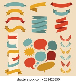 Beg vector set of ribbons, laurels and speech bubbles in  flat style