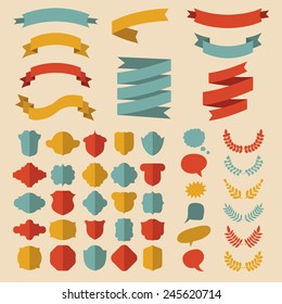 Beg vector set of ribbons, laurels, wreathes, labels and speech bubbles in  flat style