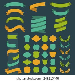 Beg vector set of ribbons, laurels, wreathes, labels and speech bubbles in  flat style