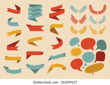 Beg vector set of ribbons, laurels, wreaths and speech bubbles in  flat style.