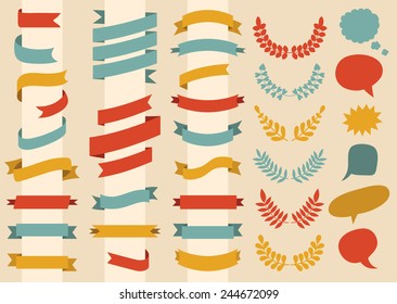 Beg vector set of ribbons, wreathes, laurels and speech bubbles in  flat style