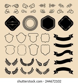 Beg vector set of vintage bundle logos with ribbons, laurels and badges in  flat style.  Hipster label constructor with retro elements.