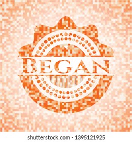 Began orange tile background illustration. Square geometric mosaic seamless pattern with emblem inside.