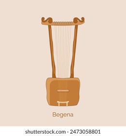 Begena is a type of lyre of Ethiopian and Eritrean origin with a rectangular sound box and ten strings, which is played with a plectrum. Vector, illustration.