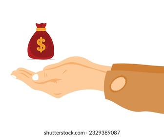 Beggar begging for money, poor beggar seeking money sack, ragged poor beggar