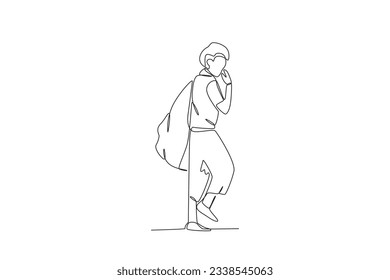 A beggar carries a pouch on his back. Homeless one-line drawing
