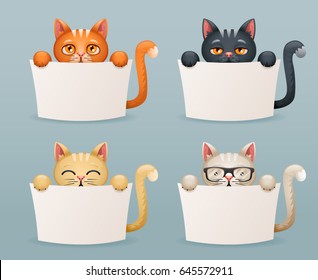 Beggar cats animals help need paws hold blank paper cartoon 3d characters set vector illustration