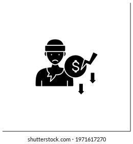 Beggar glyph icon. Penniless person. Man without money, food, work. Asking about cash. Unemployment concept. Filled flat sign. Isolated silhouette vector illustration