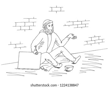 Beggar is holding a poster, asking money and sitting on the street graphic black white sketch illustration vector