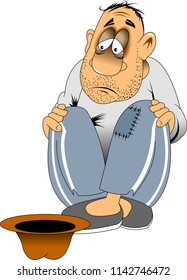 beggar in holey pants requests coin, vector and illustration
