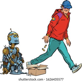 Beggar homeless robot asks for alms. Pop art retro vector illustration 50s 60s style