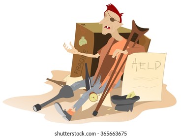 Beggar. Hungry and chilled man sits near cardboard box and asks for help and money
