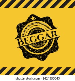 Beggar inside warning sign, black grunge emblem. Vector Illustration. Detailed.