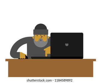 Beggar laptop working. pauper and notebook. Homeless vector illustration