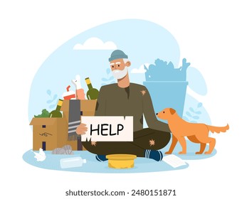 Beggar man ask help. Elderly homeless person with dog. Poor character with junk and trash. Dirty person sitting at street in despair. Cartoon flat vector illustration isolated on white background
