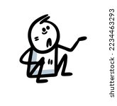 A beggar man is sitting on the ground, holding out his hand and begging for alms. Vector illustration of poor stickman figure without money.