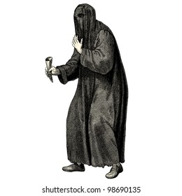 Beggar from medieval times - vintage engraved illustration - "Costumes anciens et modernes " by Cesare Veccello ed.Firmin-Didot  in 1859 - Paris