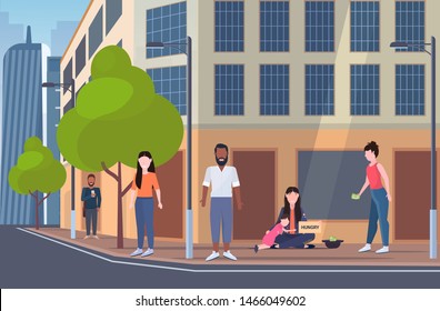 beggar mother with little daughter holding sign board with hungry text. tramp woman and child begging for help homeless. poverty concept. cityscape background flat full length