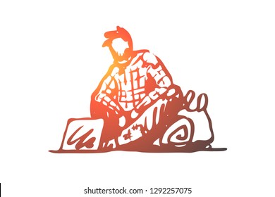Beggar, poor, asking, sad, tramp concept. Hand drawn beggar asking for money and help on street concept sketch. Isolated vector illustration.