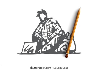 Beggar, poor, asking, sad, tramp concept. Hand drawn beggar asking for money and help on street concept sketch. Isolated vector illustration.