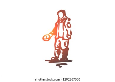 Beggar, poor, dirty, problem, tramp concept. Hand drawn beggar asking for money concept sketch. Isolated vector illustration.