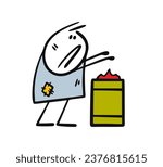 Beggar stickman warms his hands over a fire from a tin barrel. Vector illustration of a poor homeless and unemployed man trying to keep warm in winter. Caricature person isolated on white background.