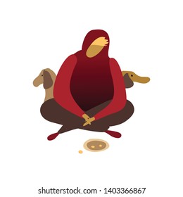 Beggar with two dogs begging. Vector illustration on white background.