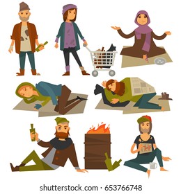 Beggars and bum or vagrant homeless people vector flat isolated icons