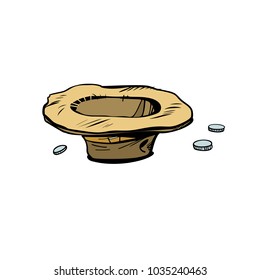 beggars hat for donations. Pop art retro comic book cartoon drawing vector illustration kitsch vintage