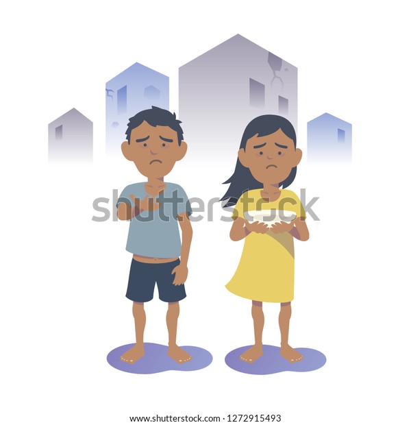アラビア人の少年と女の子を懇願する 東南アジアの男の子と女の子の物乞い 平らなベクターイラスト のベクター画像素材 ロイヤリティフリー
