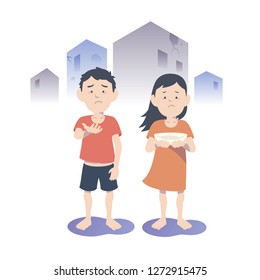 Begging Asian boy and girl. Flat vector illustration.