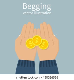 Begging concept. Hand man begging money. Open palms with cash coins. Vector illustration flat design. Beg for money. Donation.