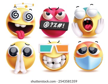 Conjunto de caracteres de vetor emoji de imploração. Emojis personagem clip art com tontura, irritado, choque, satisfeito, legal e doente expressão facial clip art em fundo branco. Coleção de mendicância de ilustração de vetor 