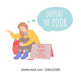 Begging girl. Support the poor. Need money for food. Global crisis, inflation, hunger, humanitarian catastrophe concept. Starvation, malnutrition. Vector illustration isolated on a white background