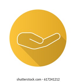 Begging hand gesture. Flat linear long shadow icon. Outstretched cupped hand. Vector line symbol
