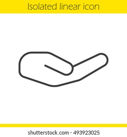 Begging hand gesture linear icon. Thin line illustration. Outstretched cupped hand contour symbol. Vector isolated outline drawing