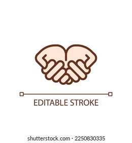 Icono de color RGB perfecto para píxel de las manos menguantes. Pidiendo ayuda. Lengua corporal. Comunicación. Ilustración vectorial aislada. Dibujo de línea simple relleno. Trazo editable. Tipo de letra arial utilizado