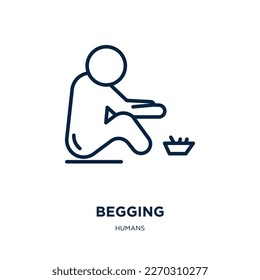 icono de mendicidad de la colección de humanos. Mendicidad lineal delgada, humano, icono de contorno de mano aislado en fondo blanco. Señal de mendicidad de vectores de línea, símbolo para web y móvil