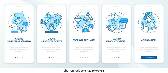 Begin affiliate program blue onboarding mobile app screen. Business walkthrough 5 steps editable graphic instructions with linear concepts. UI, UX, GUI template. Myriad Pro-Bold, Regular fonts used