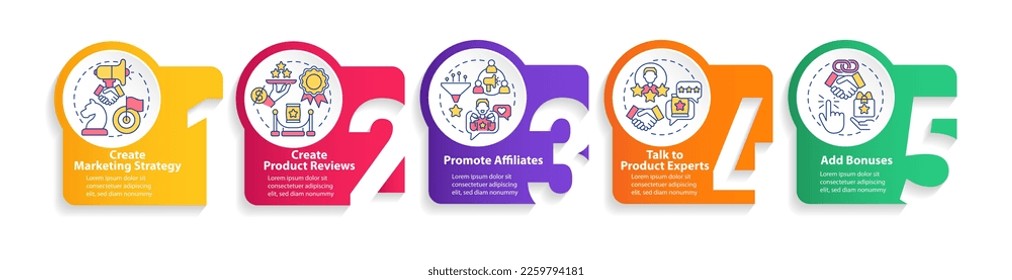 Begin affiliate program circle infographic template. Online sails. Data visualization with 5 steps. Editable timeline info chart. Workflow layout with line icons. Myriad Pro-Bold, Regular fonts used
