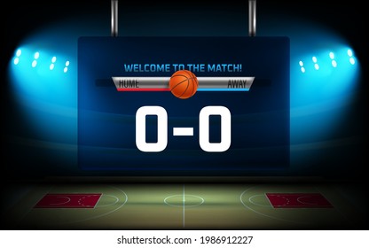 Begin of basketball match graphic elements. Illuminated basketball arena with scoreboard